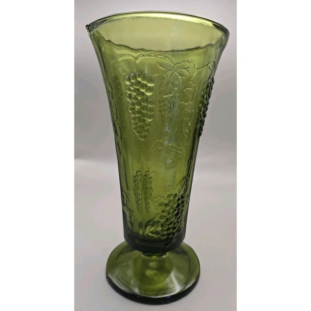 Vintage MCM Vase Green Glass Pedestal‎ Indiana Pressed Depression Glass 70's